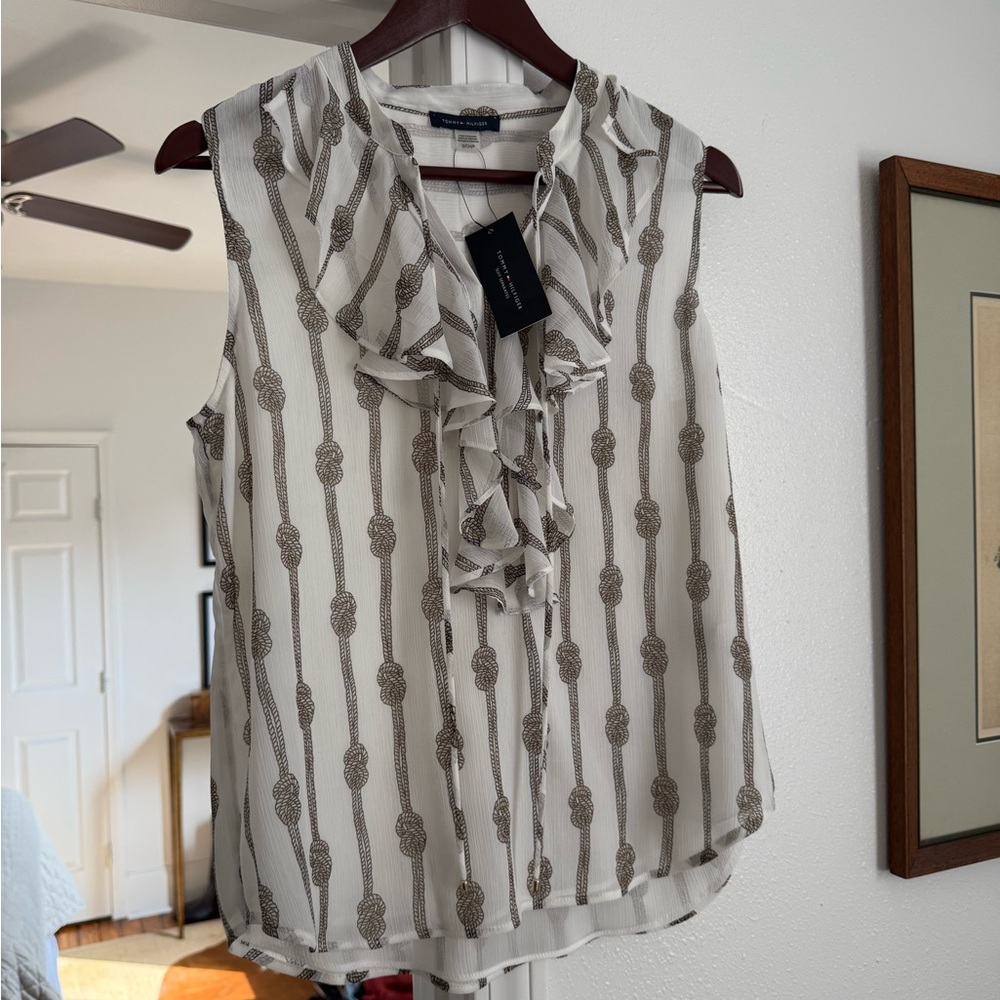 Tommy Hilfiger Cream and Brown Ruffle Blouse